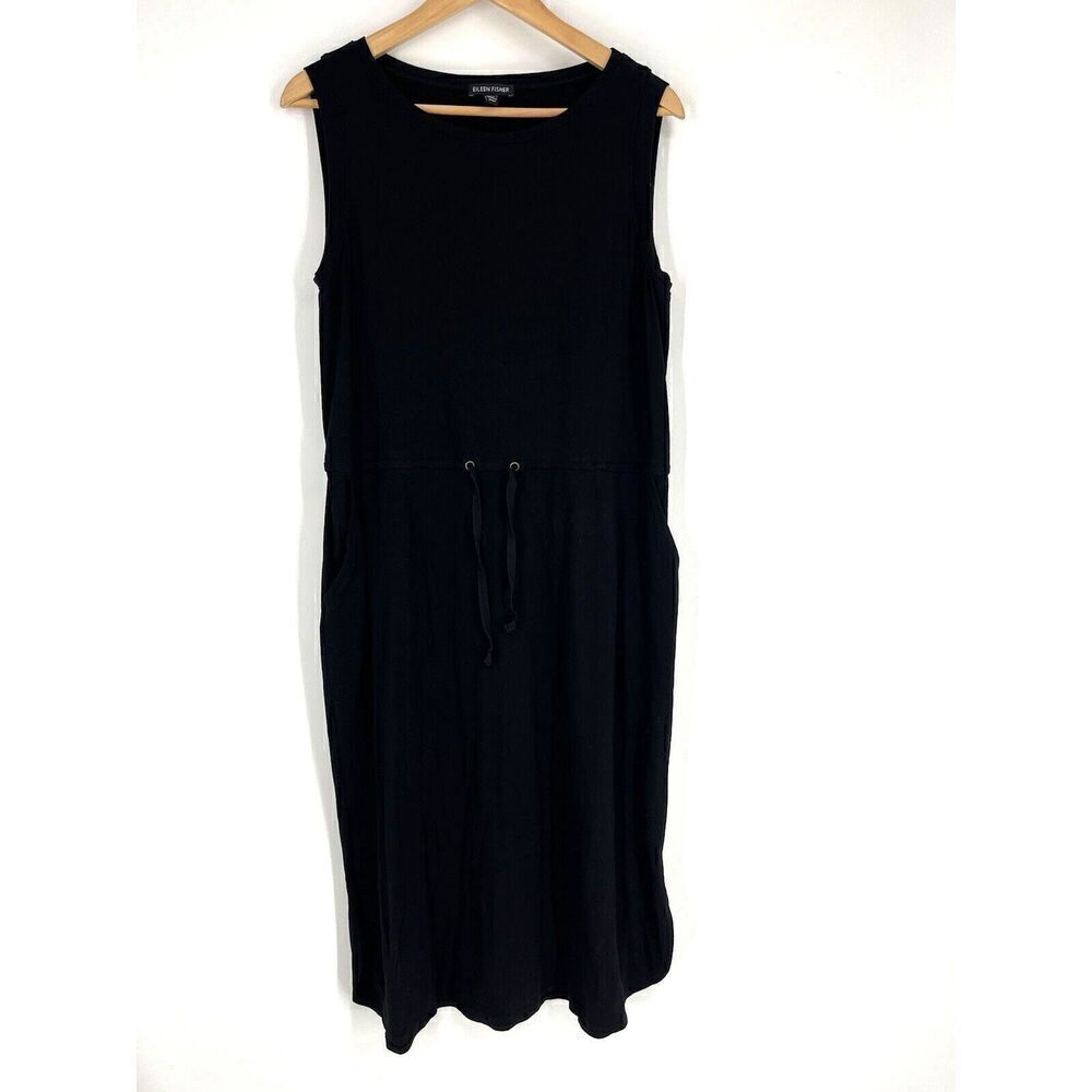 Eileen Fisher Dress Size Medium Black Boat Neck Sleeveless Midi Knit Drawstring